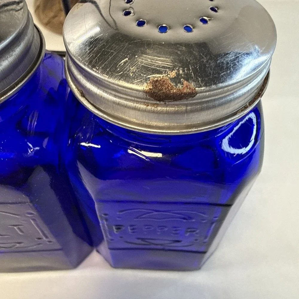 Vtg COBALT BLUE Glass Range SALT & PEPPER Square Shaker Set Art Deco w Holder